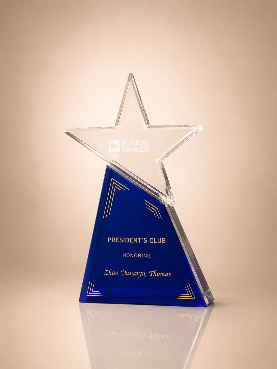 Clear Crystal Star Award on Slanted Blue Peak Base