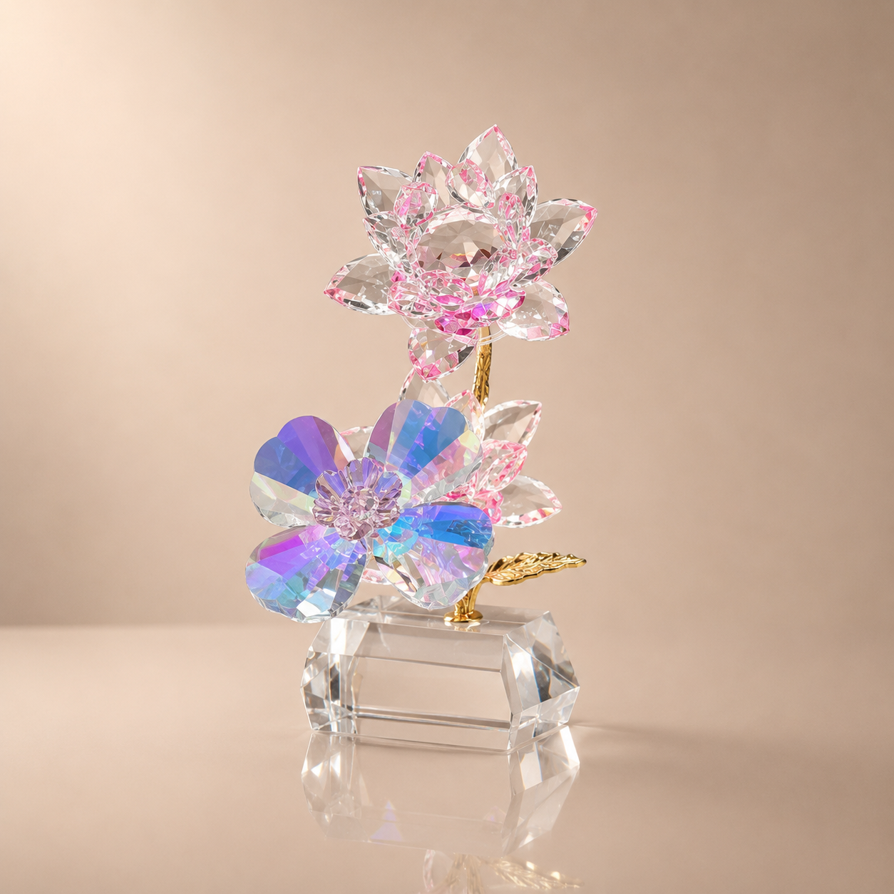 Pink and Iridescent Crystal Double Flower Figurine