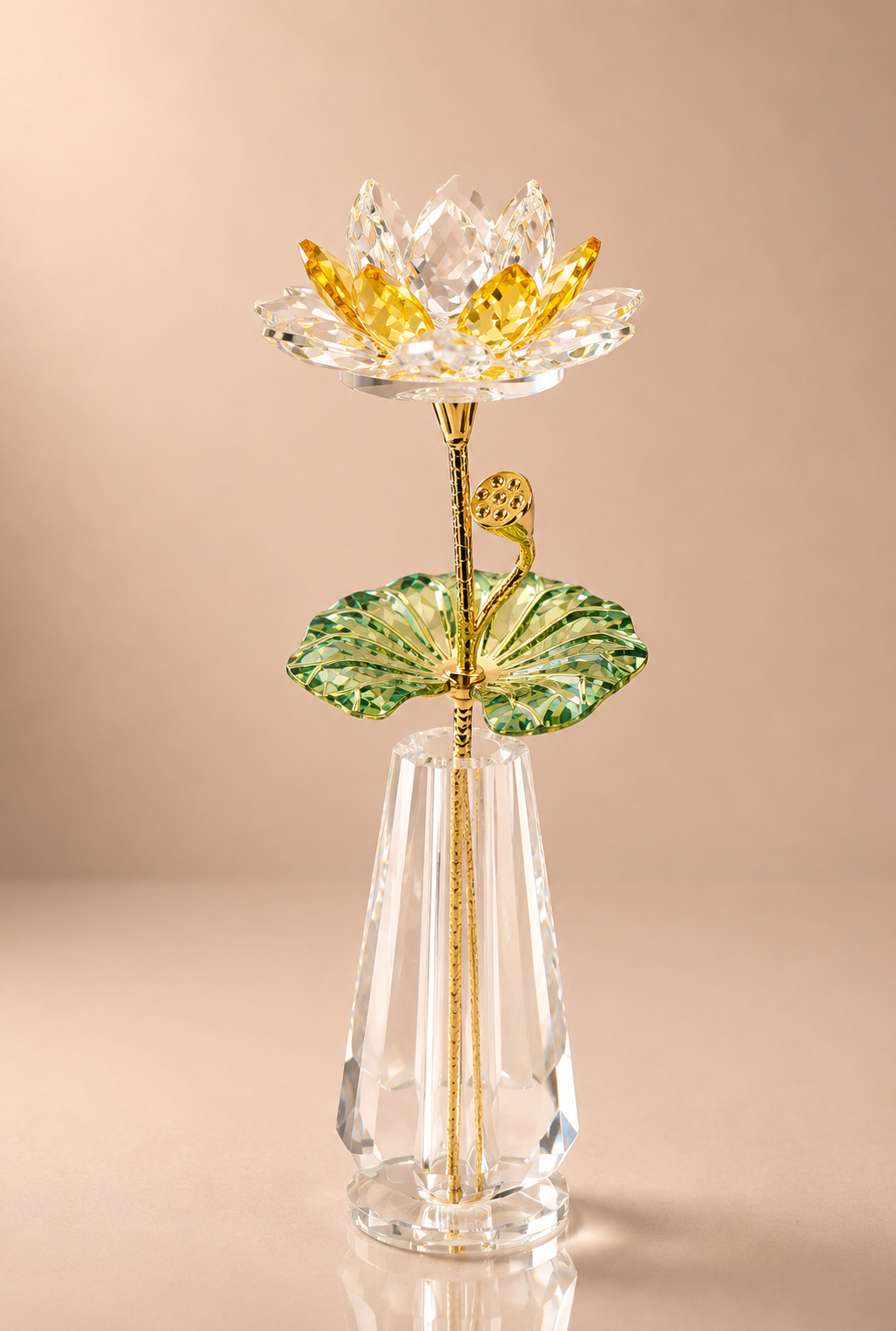 Yellow and Clear Crystal Lotus Flower with Lily Pad