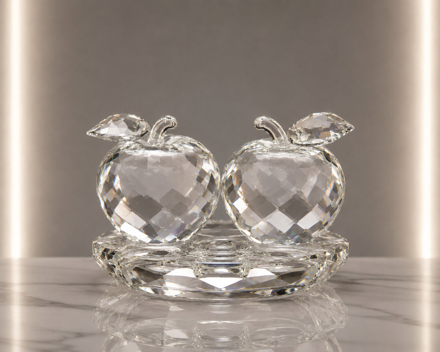 Clear Crystal Apple Pair on Faceted Tray