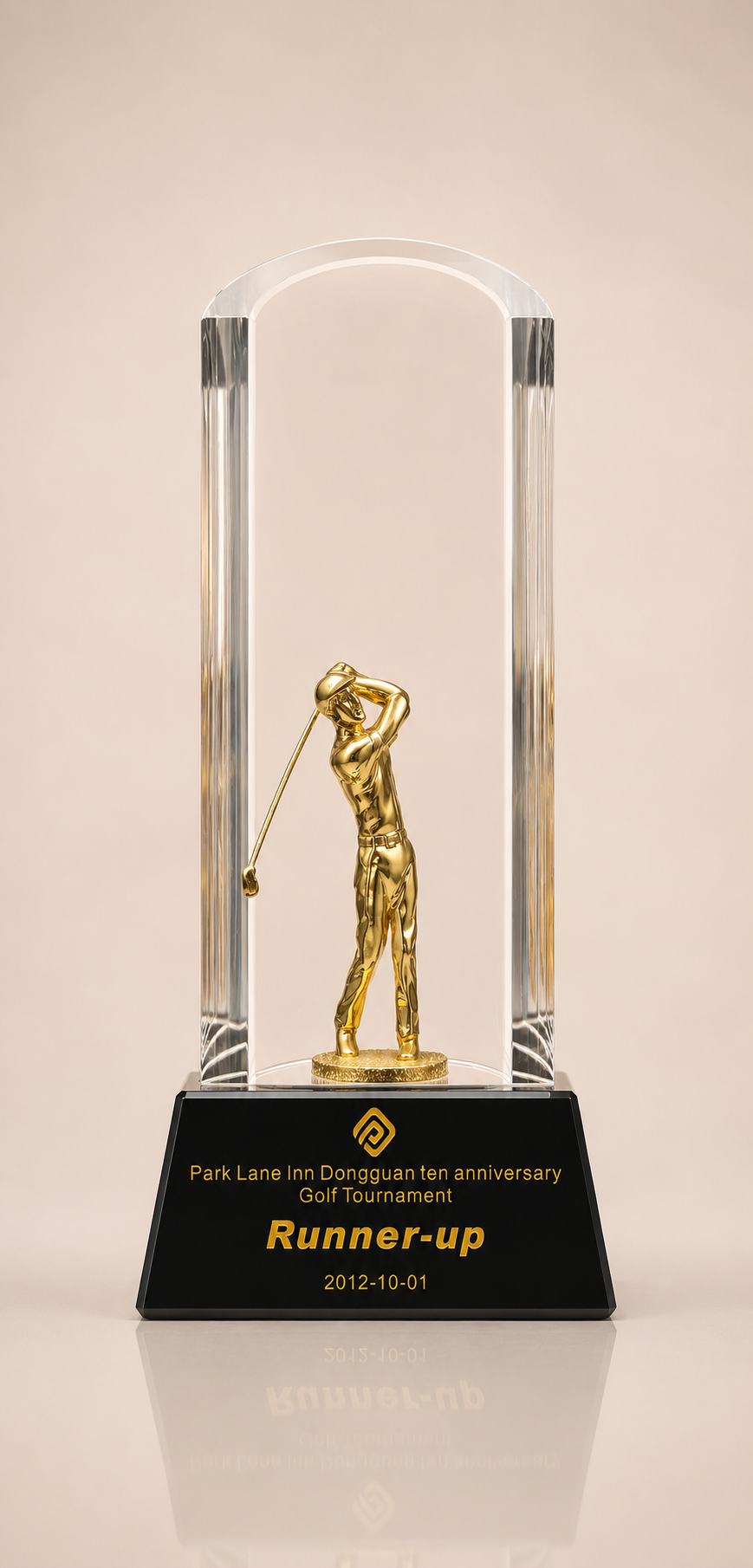 Crystal Arch Golf Award with Golden Figure on Black Base
