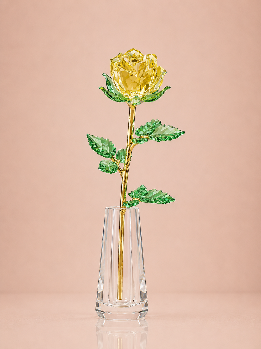 Yellow Crystal Rose in Clear Faceted Vase