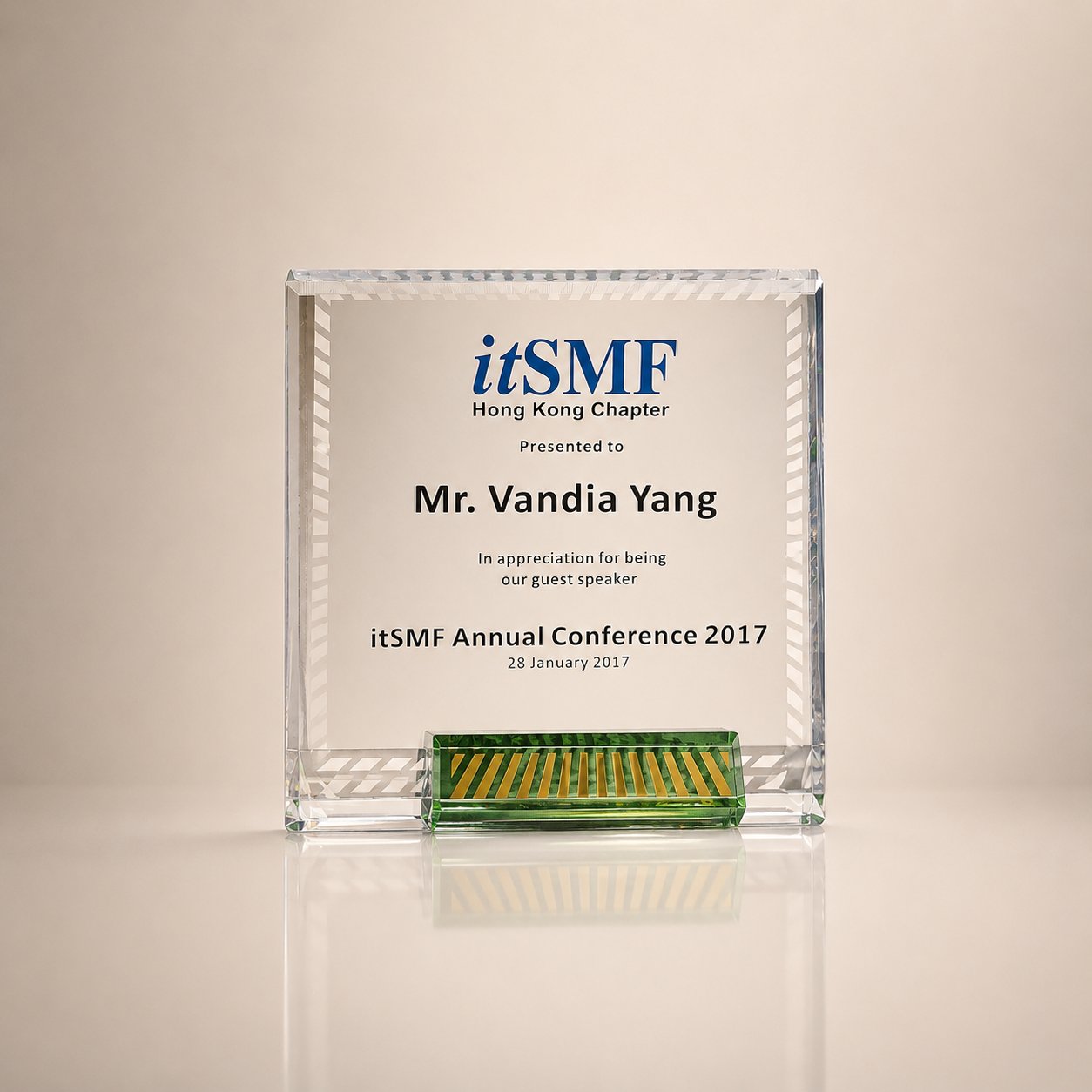 Clear Crystal Award Plaque with Green & Gold Accent