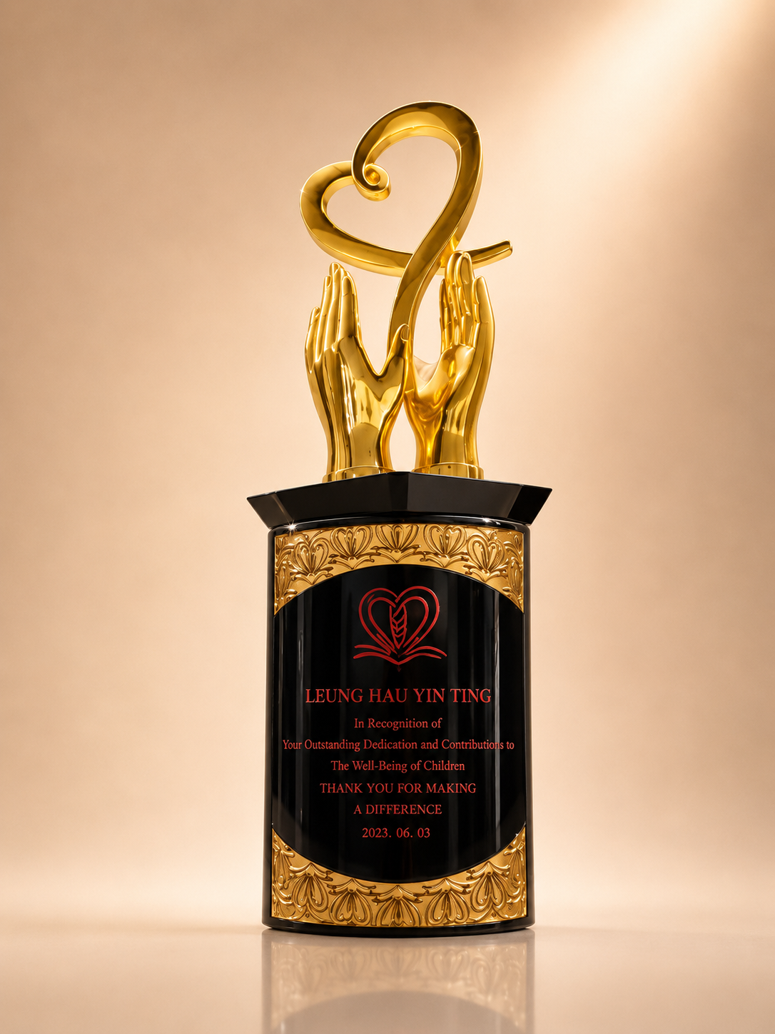 Gold Heart & Hands Crystal Award Trophy