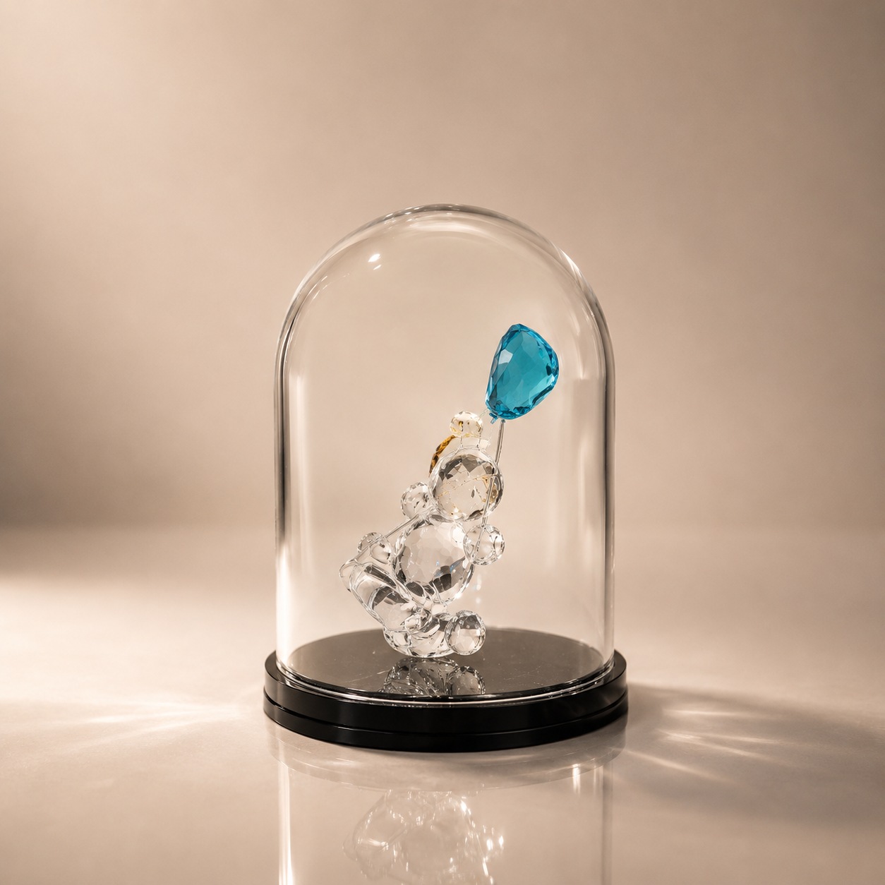 Crystal Bear with Blue Balloon in Glass Dome