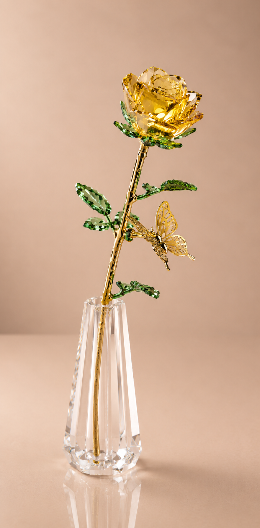 Yellow Crystal Rose with Butterfly in Clear Vase