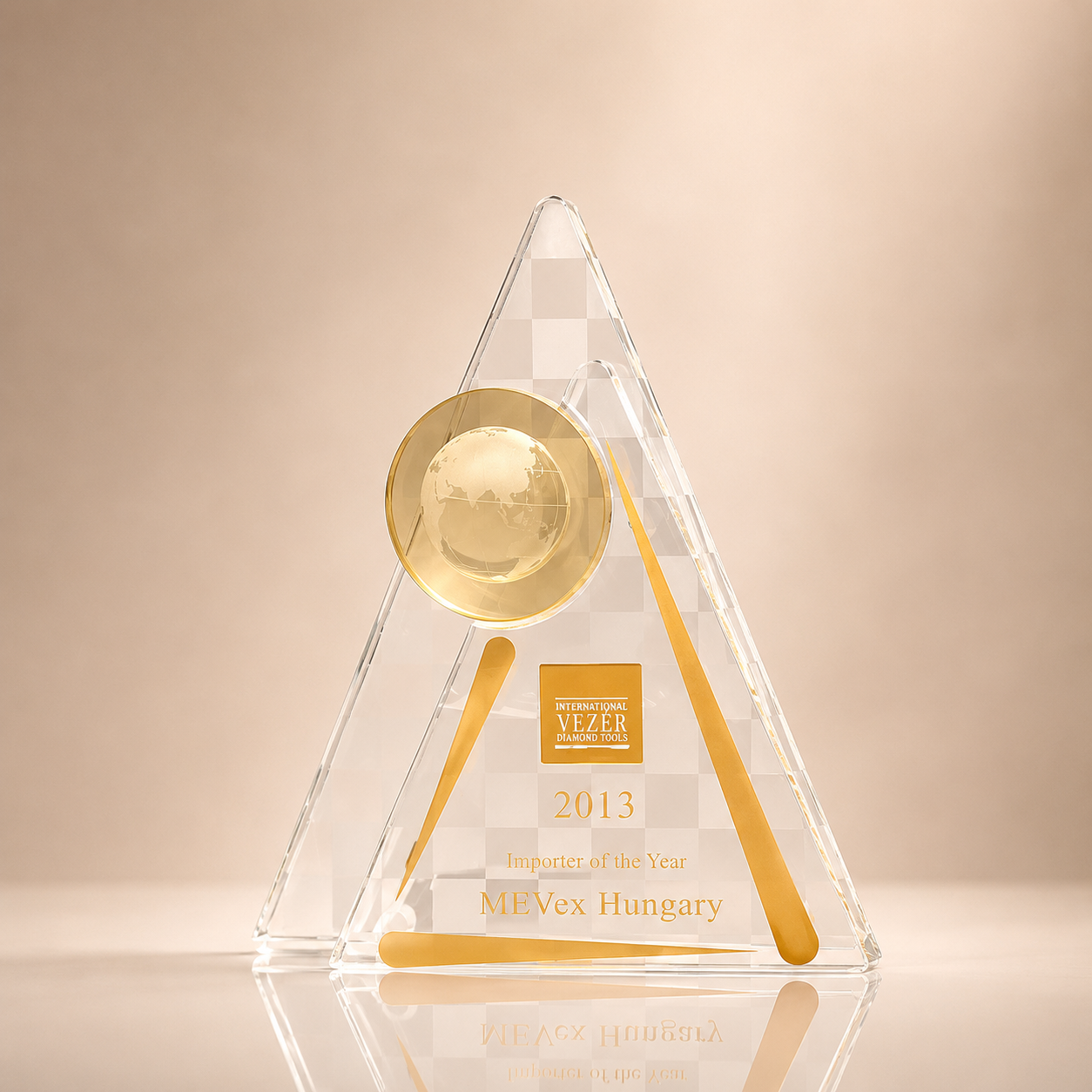 Clear Crystal Triangle Trophy with Gold Globe
