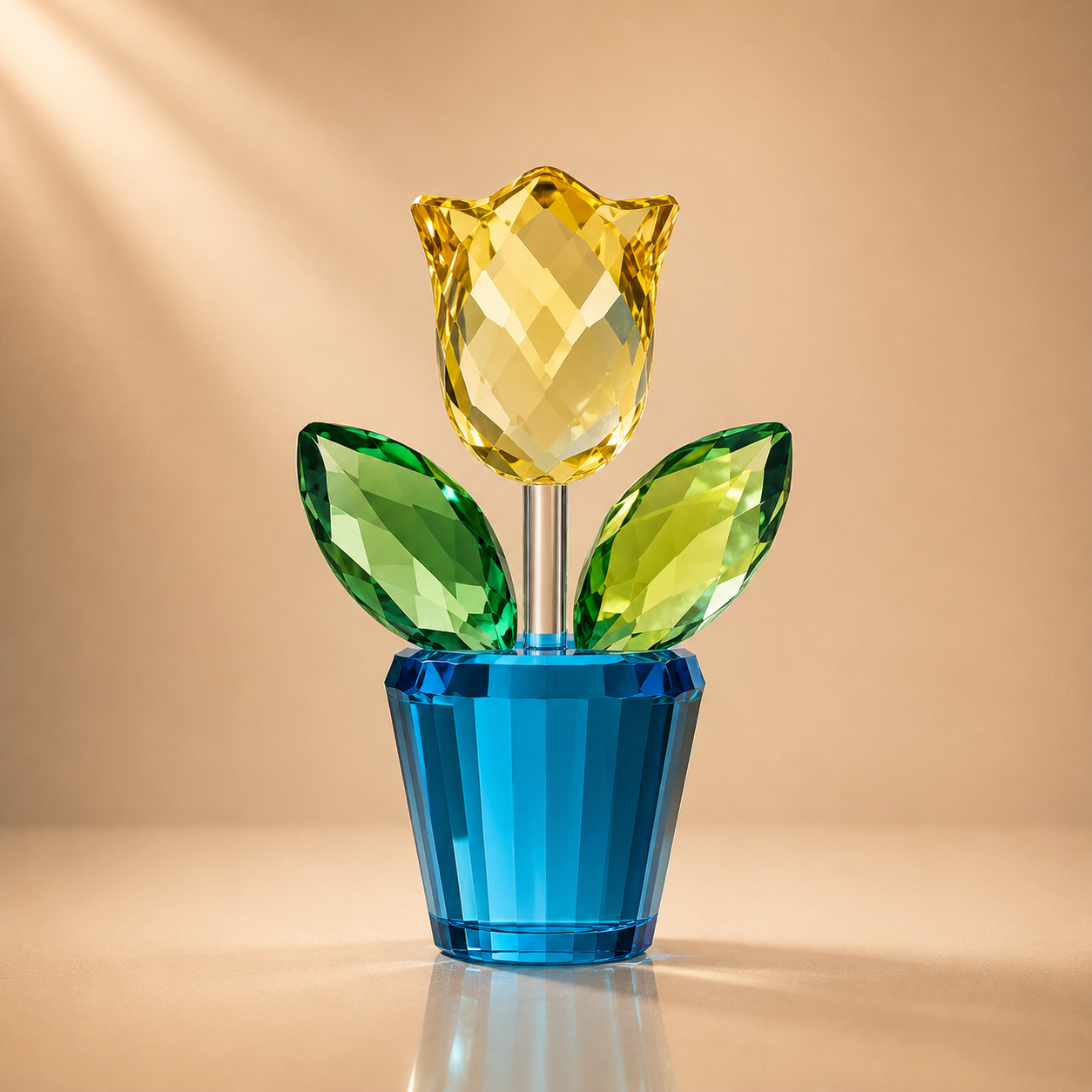 Vibrant Yellow Crystal Tulip in Blue Pot Figurine