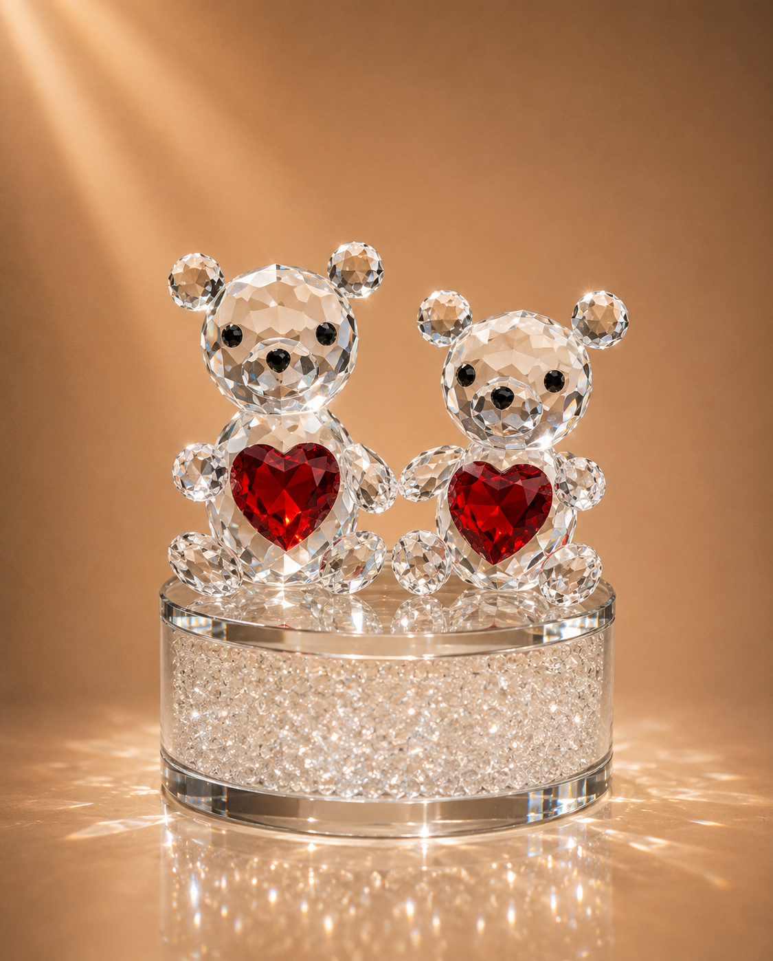 Crystal Bear Couple with Red Hearts on Crushed Diamond Base