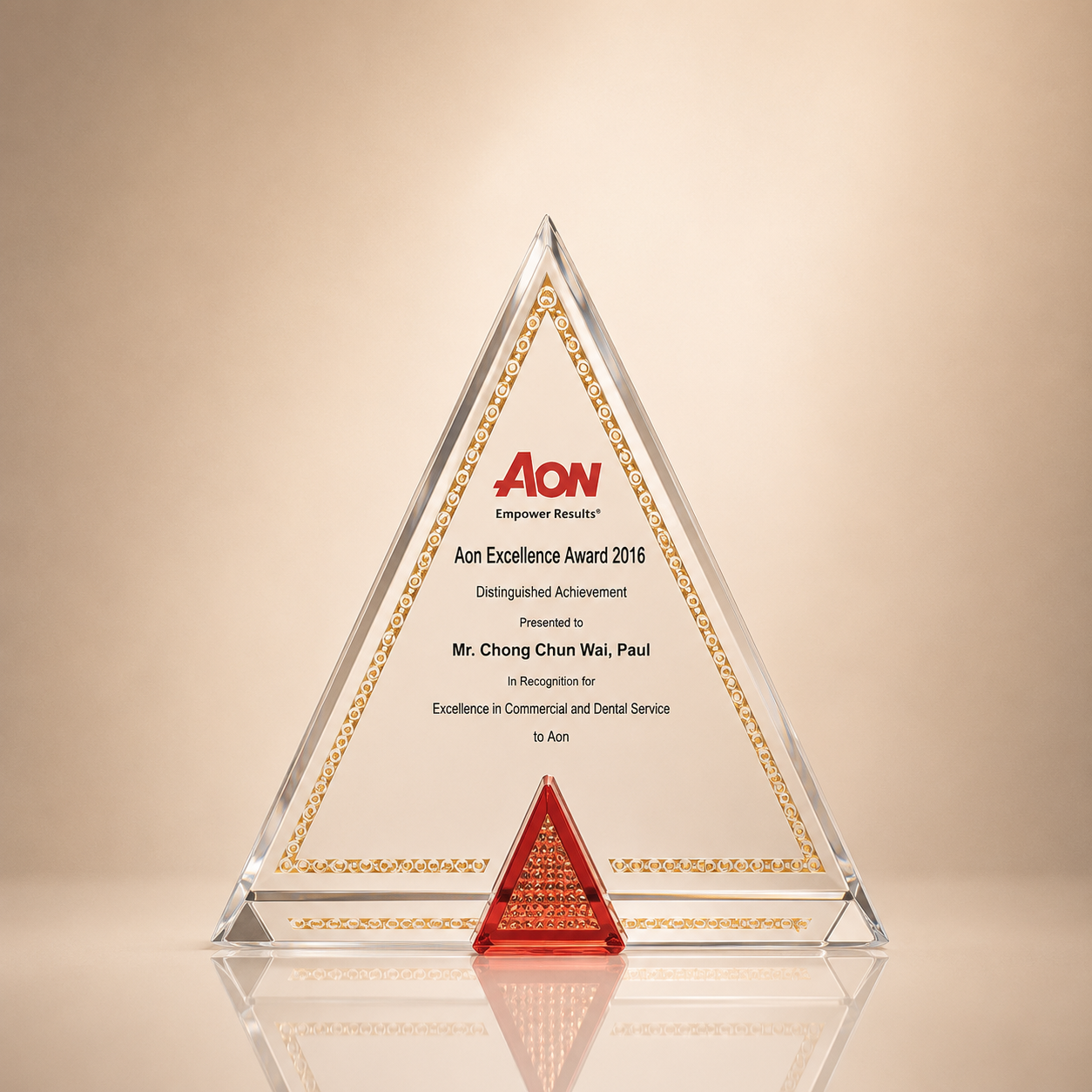 Clear Crystal Triangle Award Trophy with Red Accent