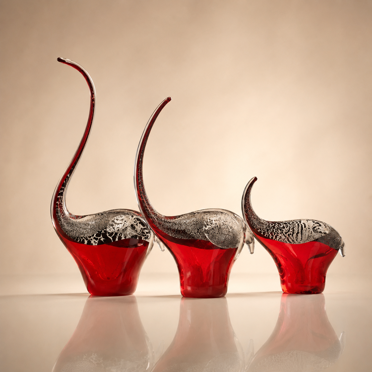 Red & Silver Art Glass Elephant Sculpture Set