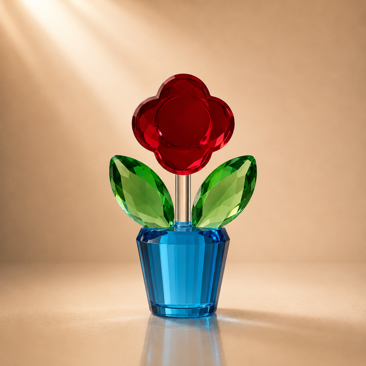 Vibrant Red Crystal Flower in Blue Pot Figurine