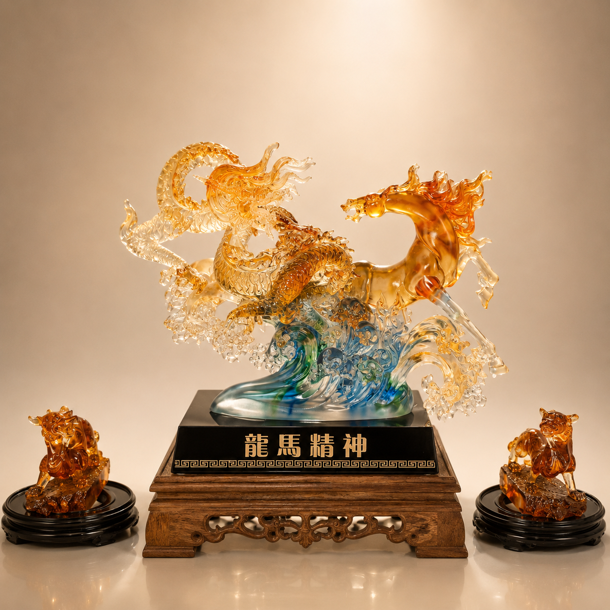 Golden Dragon and Horse "Dragon-Horse Spirit" Crystal Sculpture