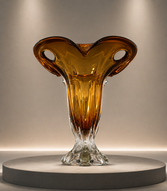 Amber and Clear Fluted Art Glass Vase