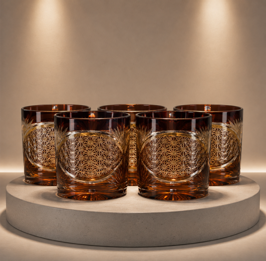 Amber Crystal Whiskey Glass Set with Intricate Etching