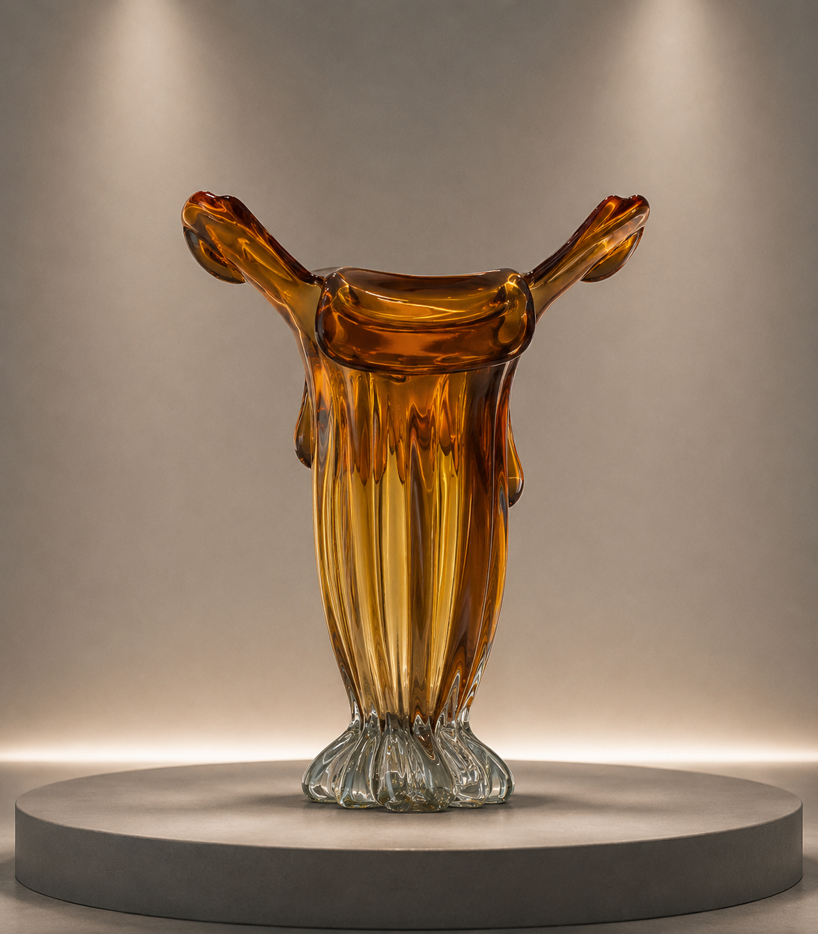 Tall Amber and Clear Fluid Art Glass Vase