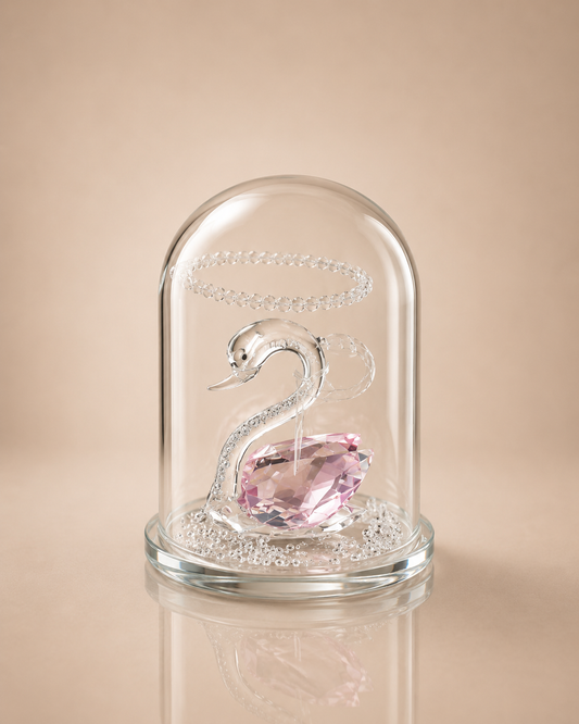 Pink Gem Crystal Swan in Glass Dome