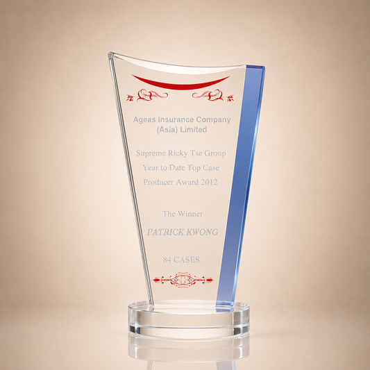 Clear Crystal Curved Award Trophy with Blue Accent