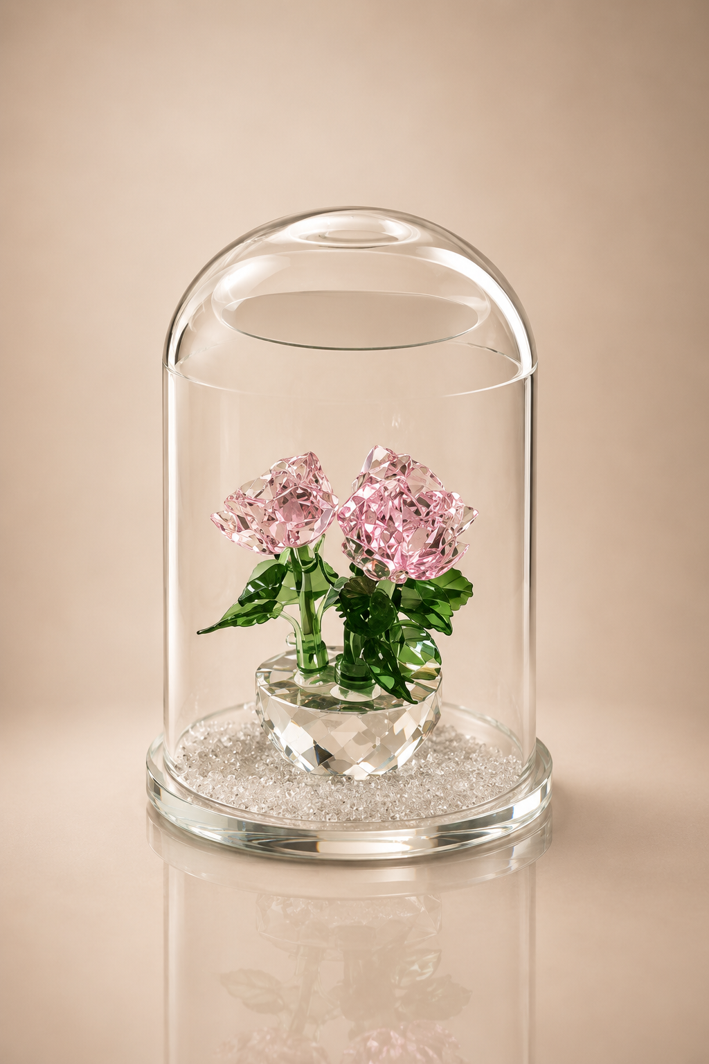 Twin Pink Crystal Roses in Glass Dome