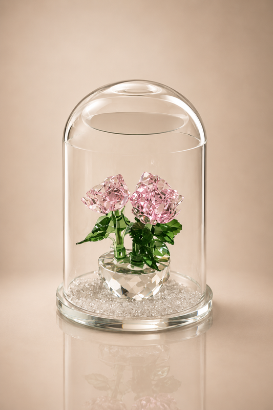 Twin Pink Crystal Roses in Glass Dome