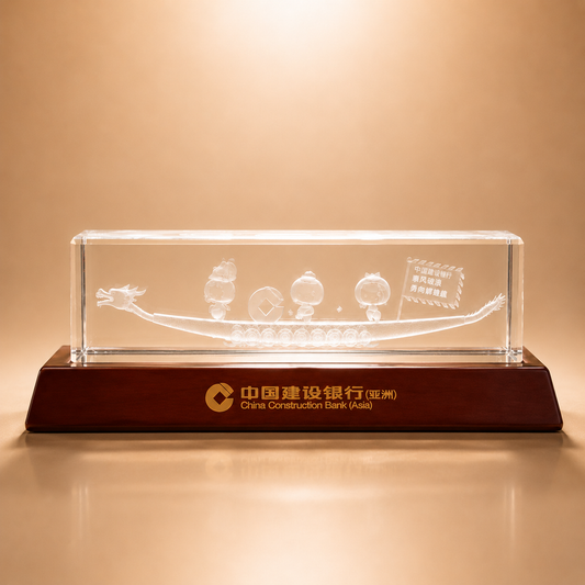 3D Laser Engraved Dragon Boat Crystal Block on Wood Base