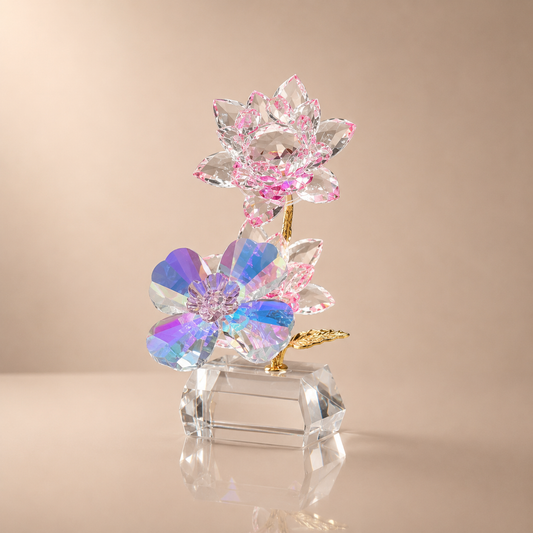 Pink and Iridescent Crystal Double Flower Figurine