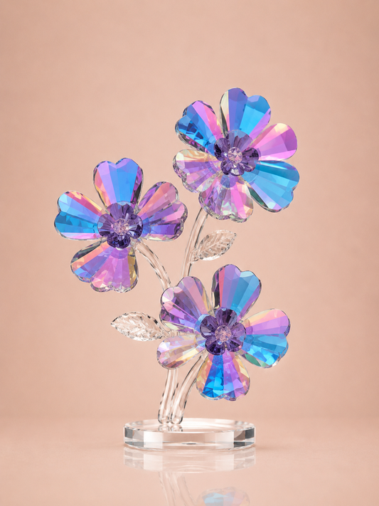 Iridescent Crystal Flower Trio on Clear Base