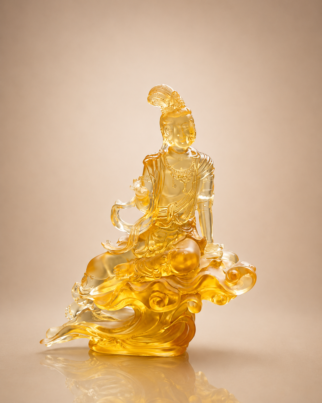 Seated Liuli Guanyin Statue in Amber Glass