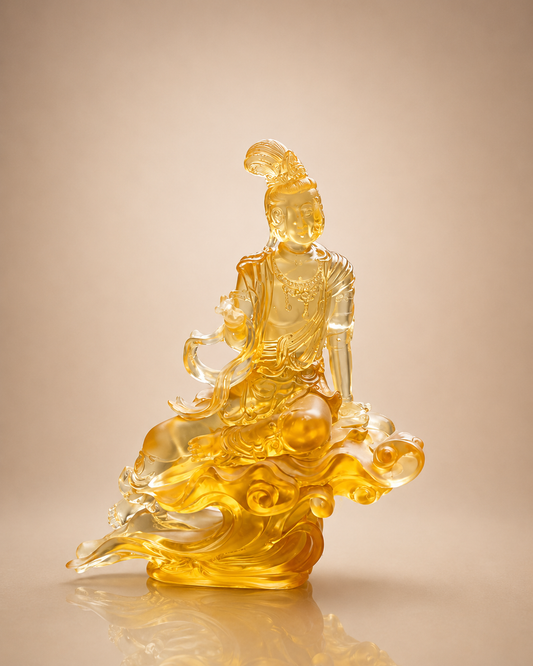 Seated Liuli Guanyin Statue in Amber Glass