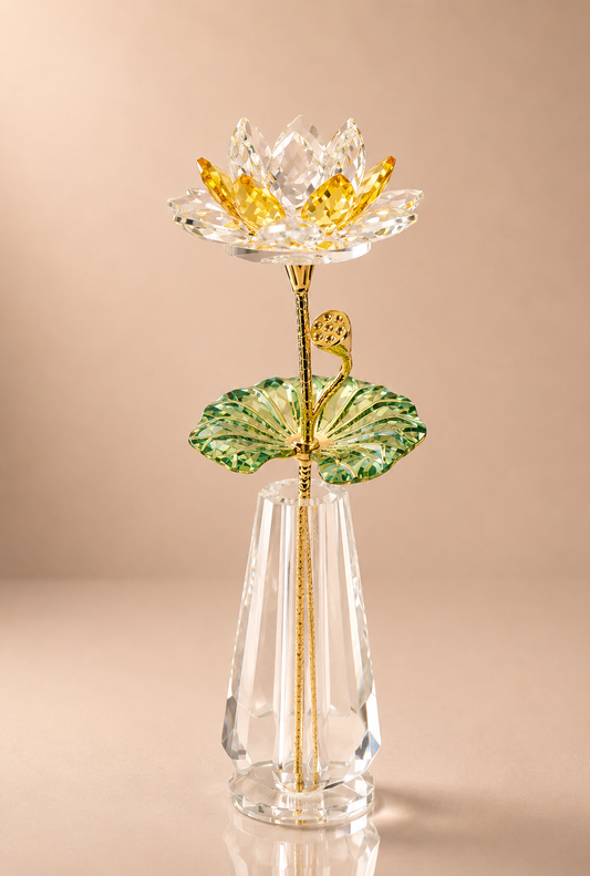 Yellow and Clear Crystal Lotus Flower with Lily Pad