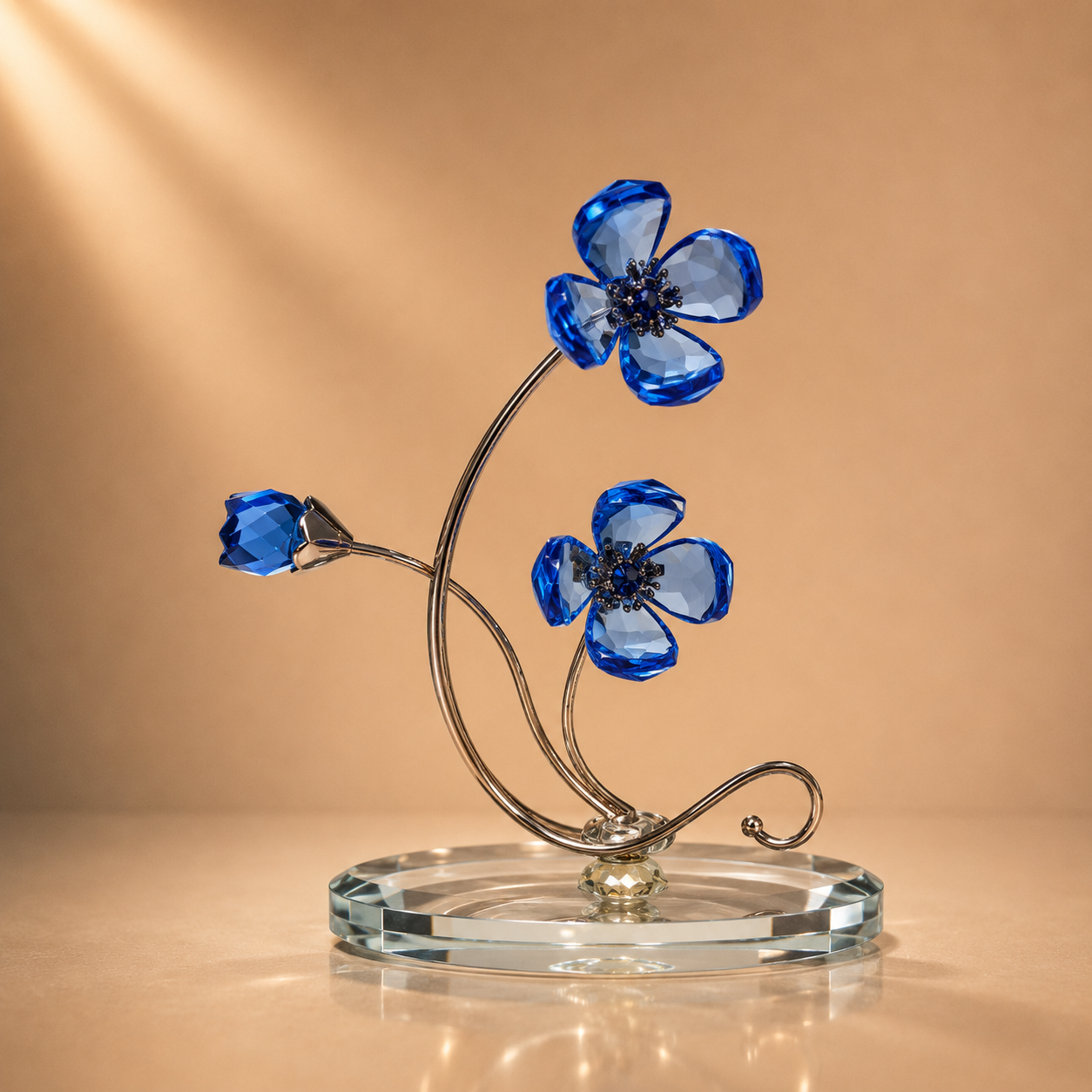Sapphire Blue Crystal Floral Display on Silver Stems