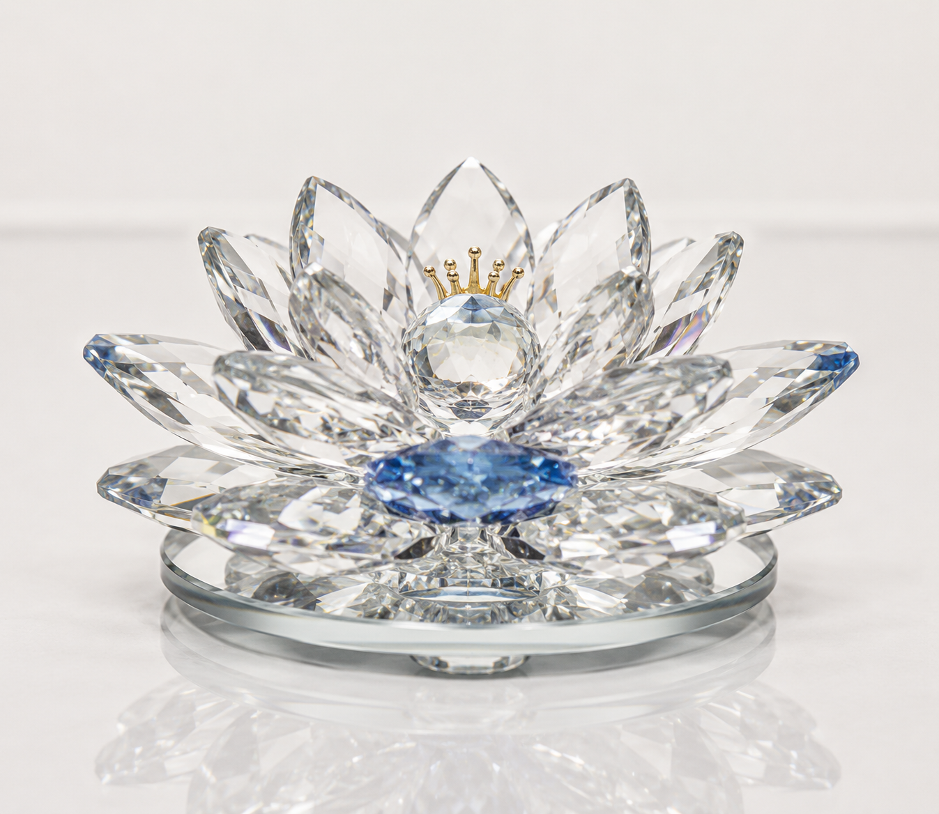 Clear Crystal Lotus with Blue Gem and Golden Crown