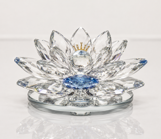Clear Crystal Lotus with Blue Gem and Golden Crown