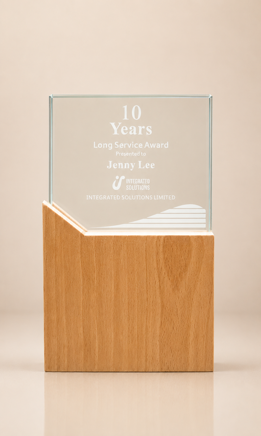Modern Crystal Square Award with Asymmetrical Beech Wood Base