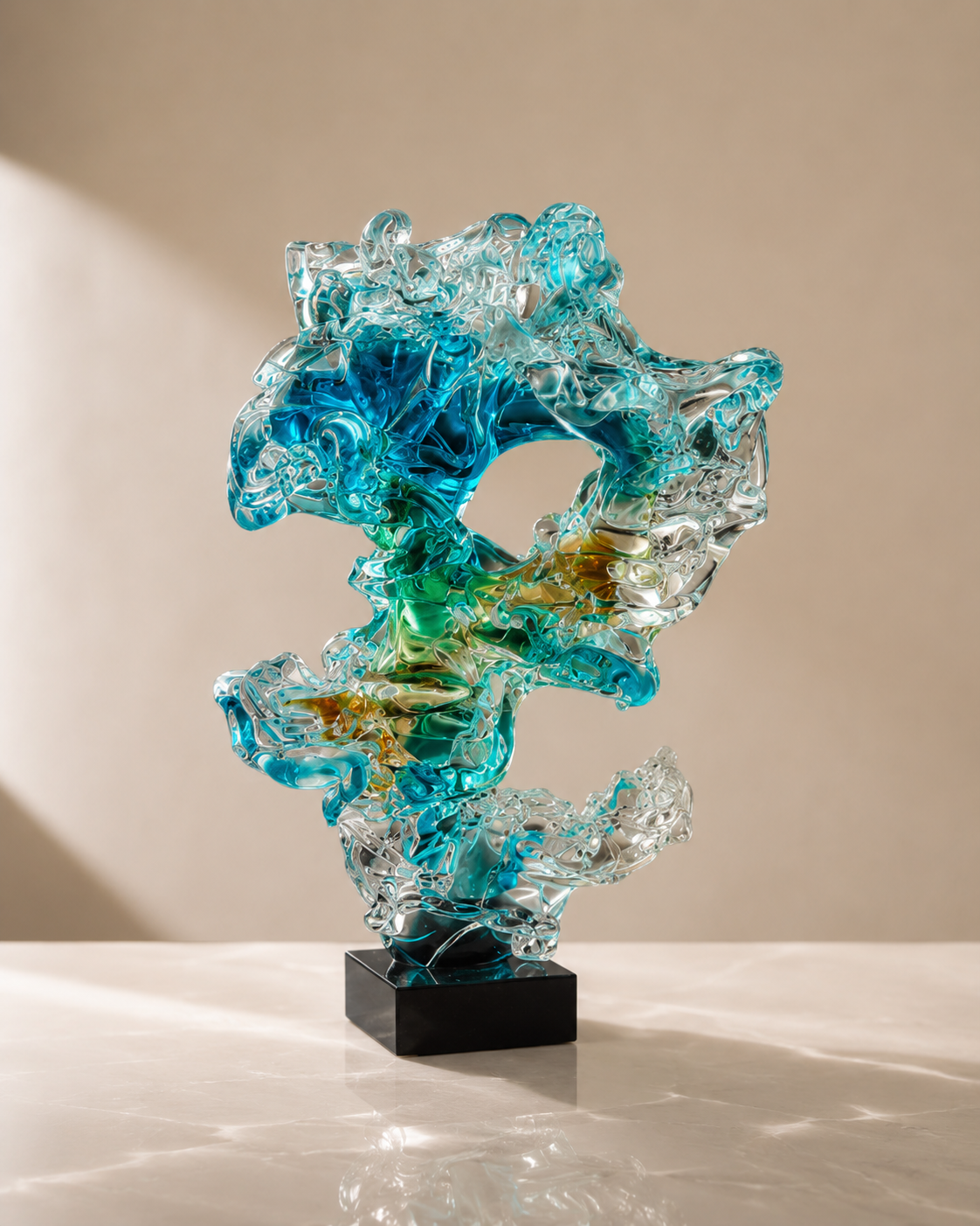 Abstract Aqua and Amber Wave Art Glass Sculpture