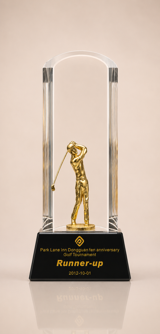 Crystal Arch Golf Award with Golden Figure on Black Base
