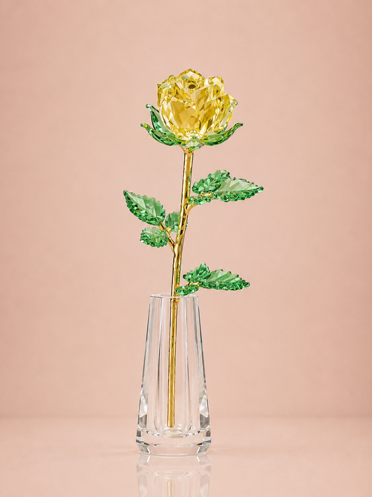 Yellow Crystal Rose in Clear Faceted Vase