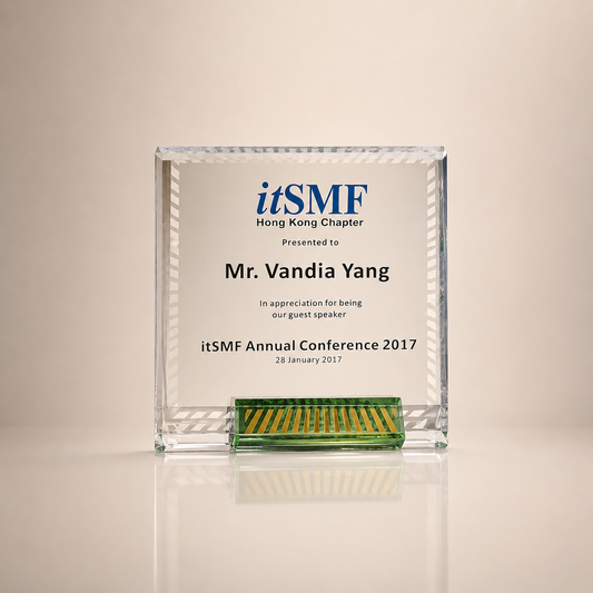 Clear Crystal Award Plaque with Green & Gold Accent