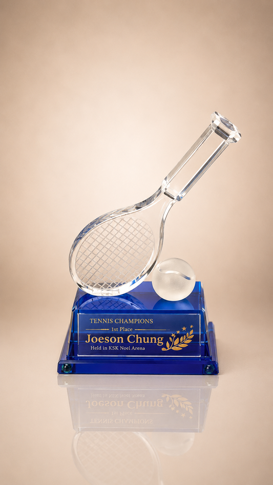 3D Crystal Tennis Racket and Ball Award on Blue Base