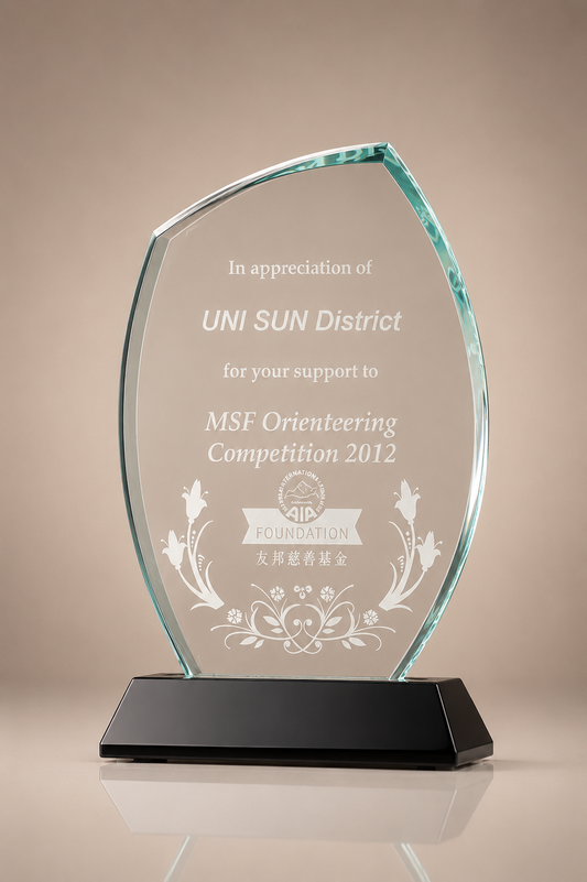 Crystal Shield Award with Frosted Floral Details on Black Base