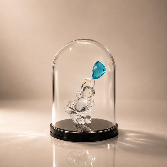 Crystal Bear with Blue Balloon in Glass Dome
