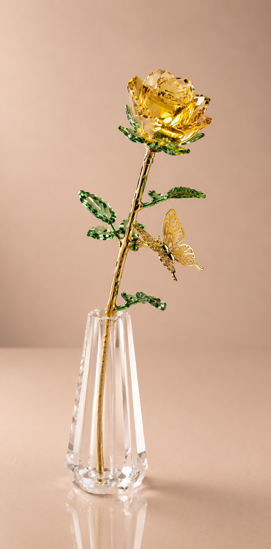 Yellow Crystal Rose with Butterfly in Clear Vase