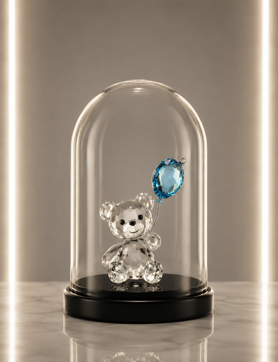 Crystal Bear with Blue Balloon in Glass Dome