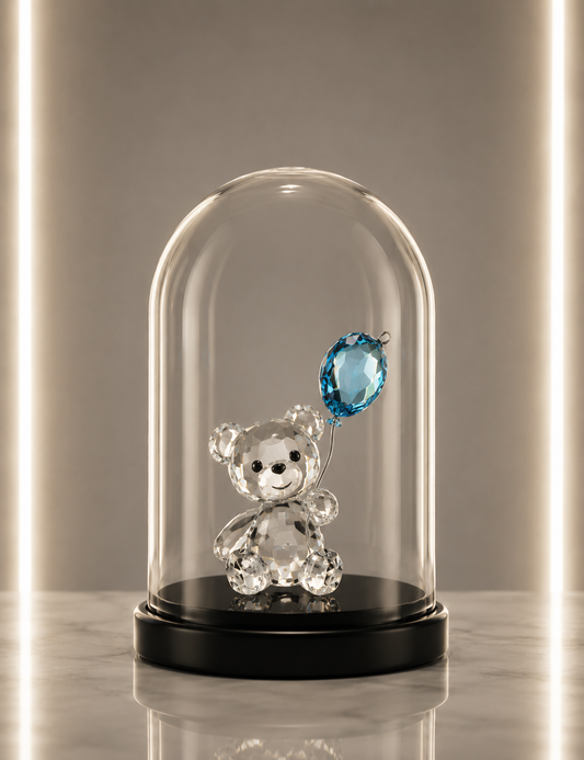 Crystal Bear with Blue Balloon in Glass Dome