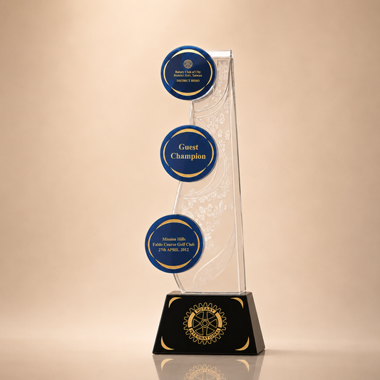 Clear Crystal Tower Trophy with Blue Medallions
