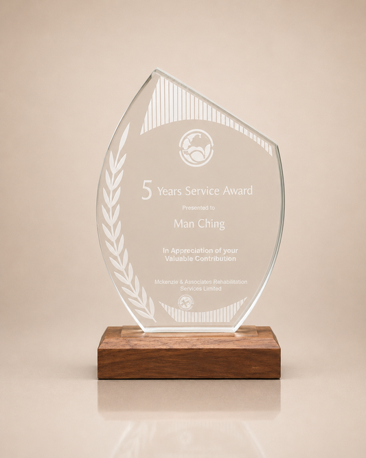 Clear Crystal Flame Award with Frosted Laurel on Wood Base