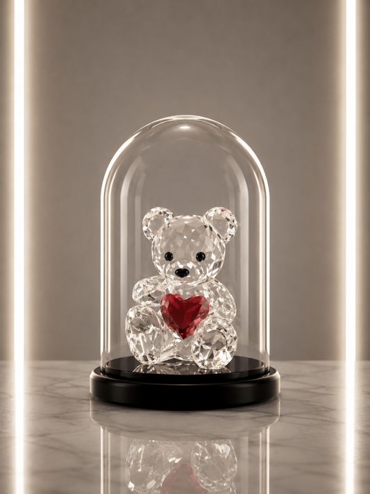 Crystal Bear Holding Red Heart in Glass Dome