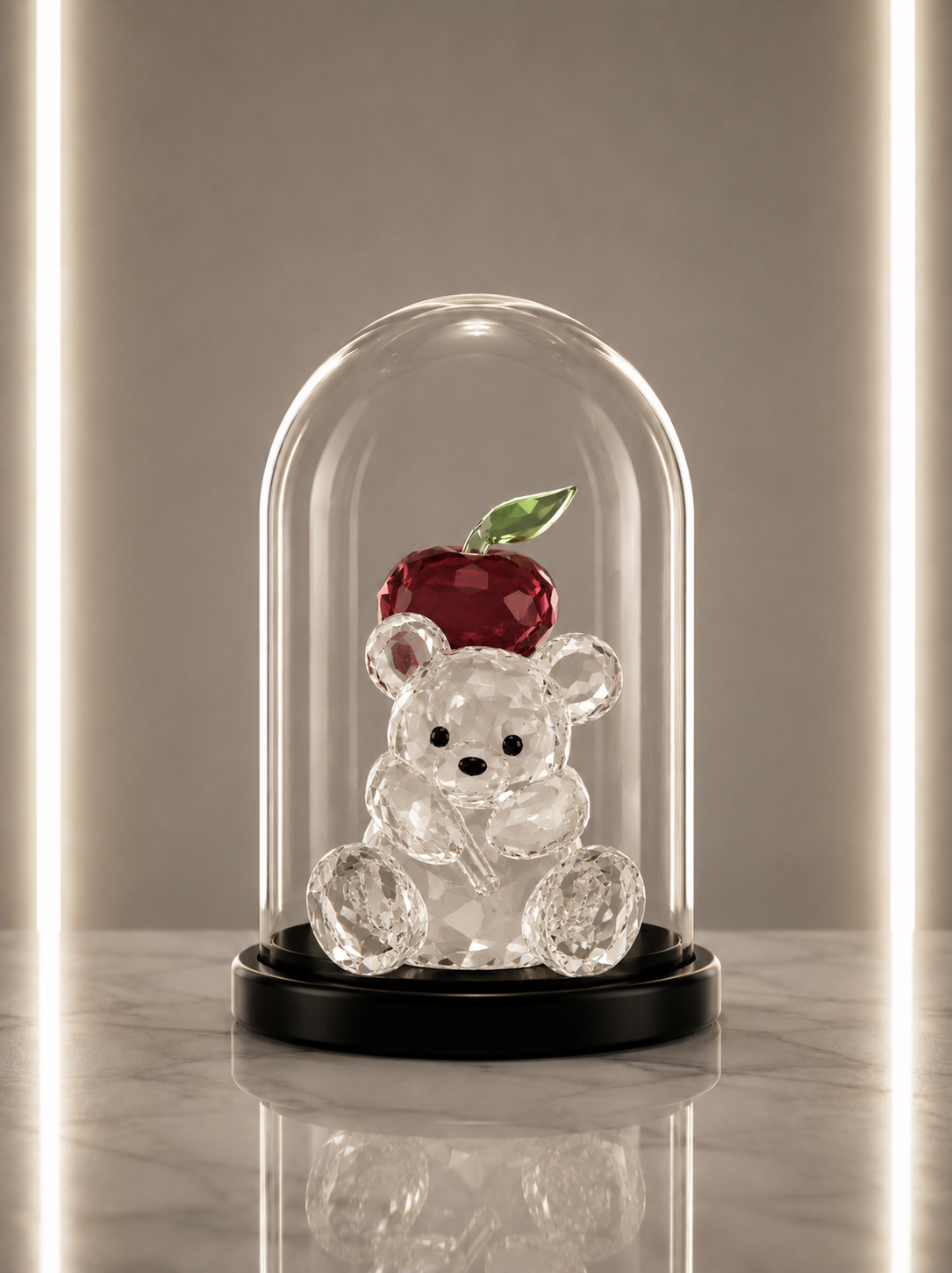 Crystal Bear with Red Apple in Glass Dome
