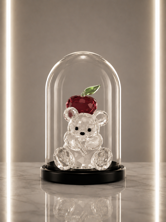 Crystal Bear with Red Apple in Glass Dome